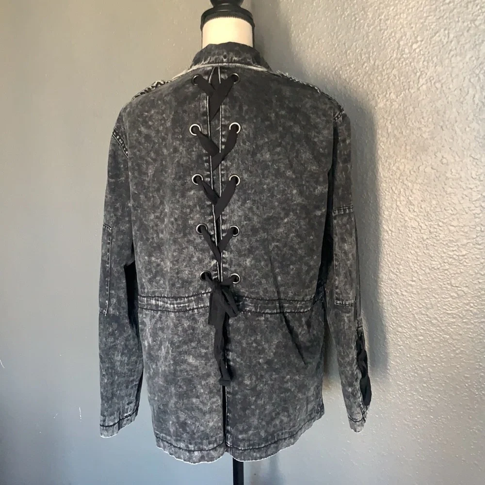 Vintage Havana Acid Wash Denim Jacket Small Black Flannel Lined Lace Up